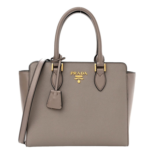 Prada Saffiano and Soft Calfskin Double Zipper Argilla Gray Tote Shoulder Bag