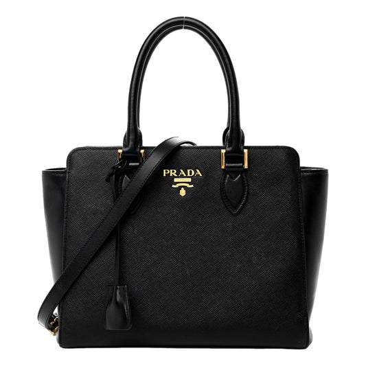Prada Saffiano and Soft Calfskin Double Zipper Black Tote Shoulder Bag