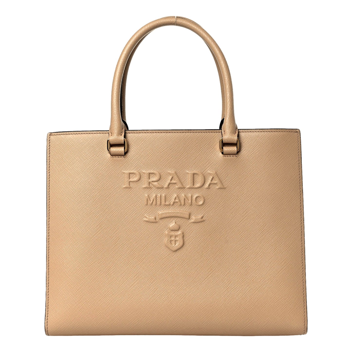 Prada Saffiano Sabbia Sand Beige Lux Logo Embossed Medium Shoulder Tote Handbag