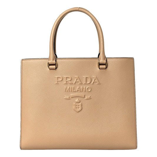 Prada Saffiano Sabbia Sand Beige Lux Logo Embossed Medium Shoulder Tote Handbag