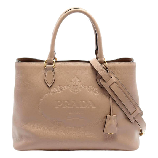 Prada Embossed Logo Soft Leather Handbag Shopper Tote Cammeo Beige