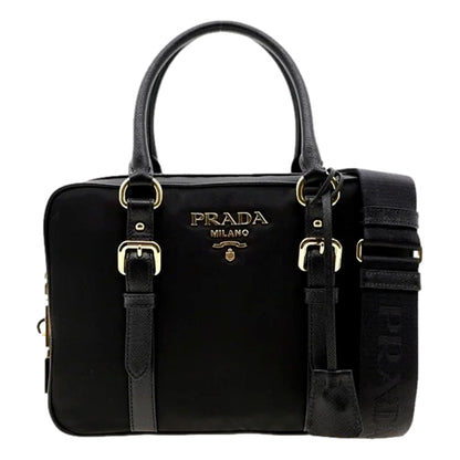 Prada Bauletto Tessuto Nylon Saffiano Black Satchel Handbag