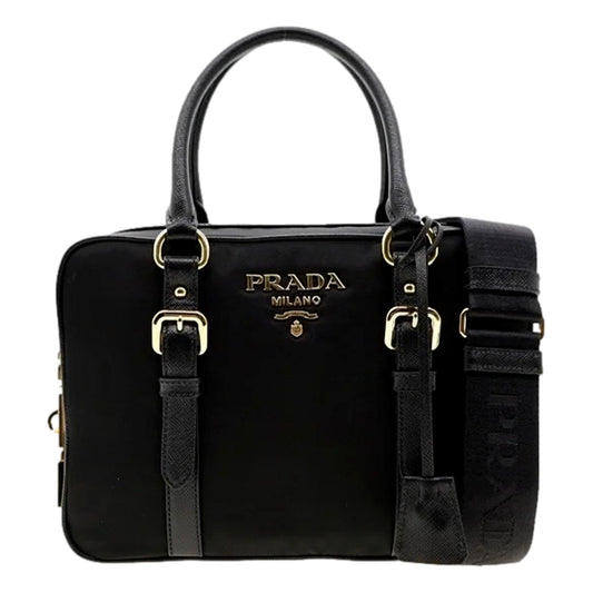 Prada Bauletto Tessuto Nylon Saffiano Black Satchel Handbag