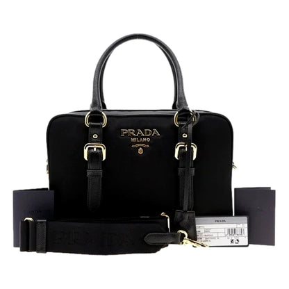 Prada Bauletto Tessuto Nylon Saffiano Black Satchel Handbag