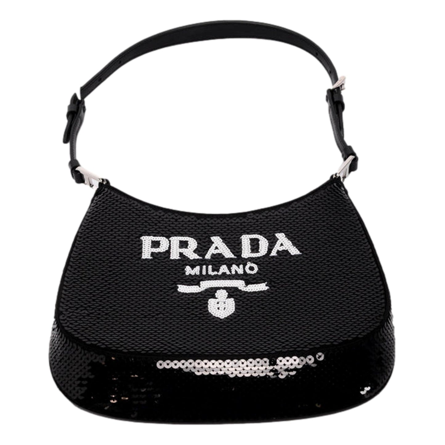 Prada Cleo Black and White Sequin Milano Logo Mini Leather Shoulder Bag
