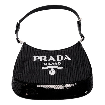 Prada Cleo Black and White Sequin Milano Logo Mini Leather Shoulder Bag