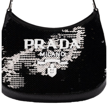 Prada Cleo Black and White Sequin Milano Logo Mini Leather Shoulder Bag