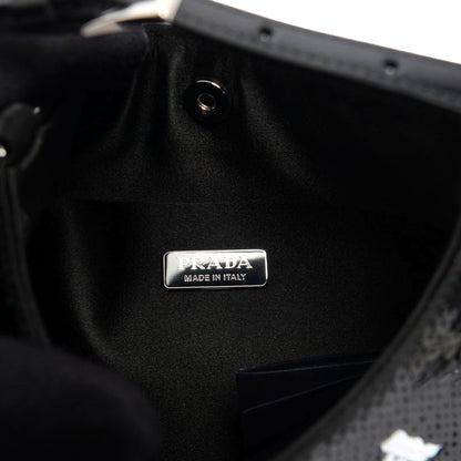 Prada Cleo Black and White Sequin Milano Logo Mini Leather Shoulder Bag