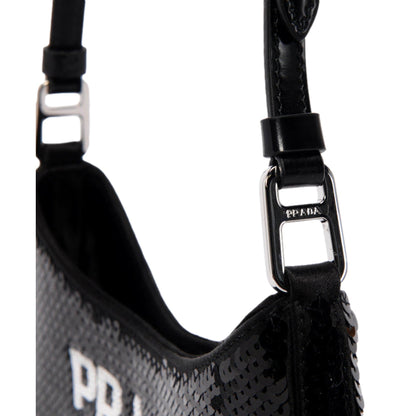 Prada Cleo Black and White Sequin Milano Logo Mini Leather Shoulder Bag