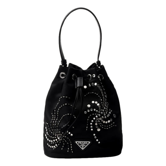 Prada Re-Nylon Mini Drawstring Bucket Bag Black Beaded Embroidered