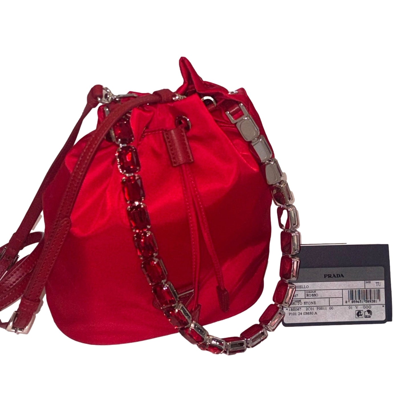 Prada Re-Nylon Rosso Red Drawstring Bucket Bag Embellished Crystal Handle