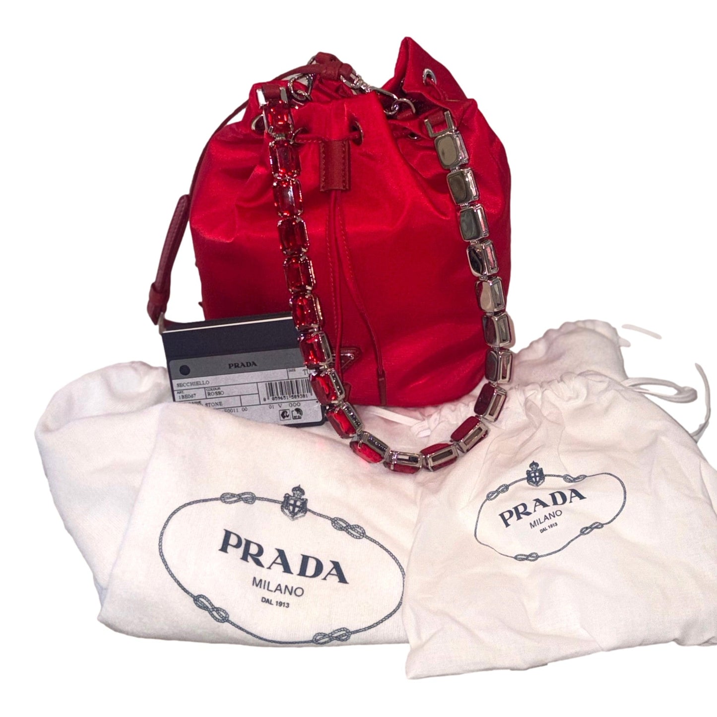 Prada Re-Nylon Rosso Red Drawstring Bucket Bag Embellished Crystal Handle