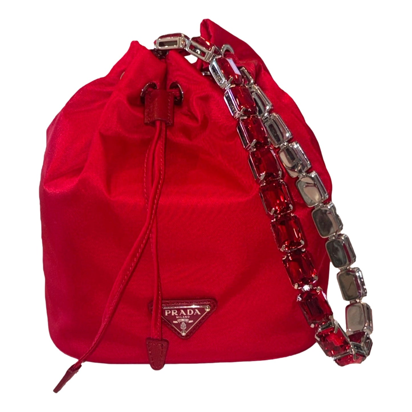 Prada Re-Nylon Rosso Red Drawstring Bucket Bag Embellished Crystal Handle
