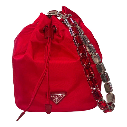 Prada Re-Nylon Rosso Red Drawstring Bucket Bag Embellished Crystal Handle