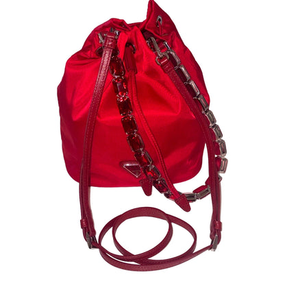 Prada Re-Nylon Rosso Red Drawstring Bucket Bag Embellished Crystal Handle