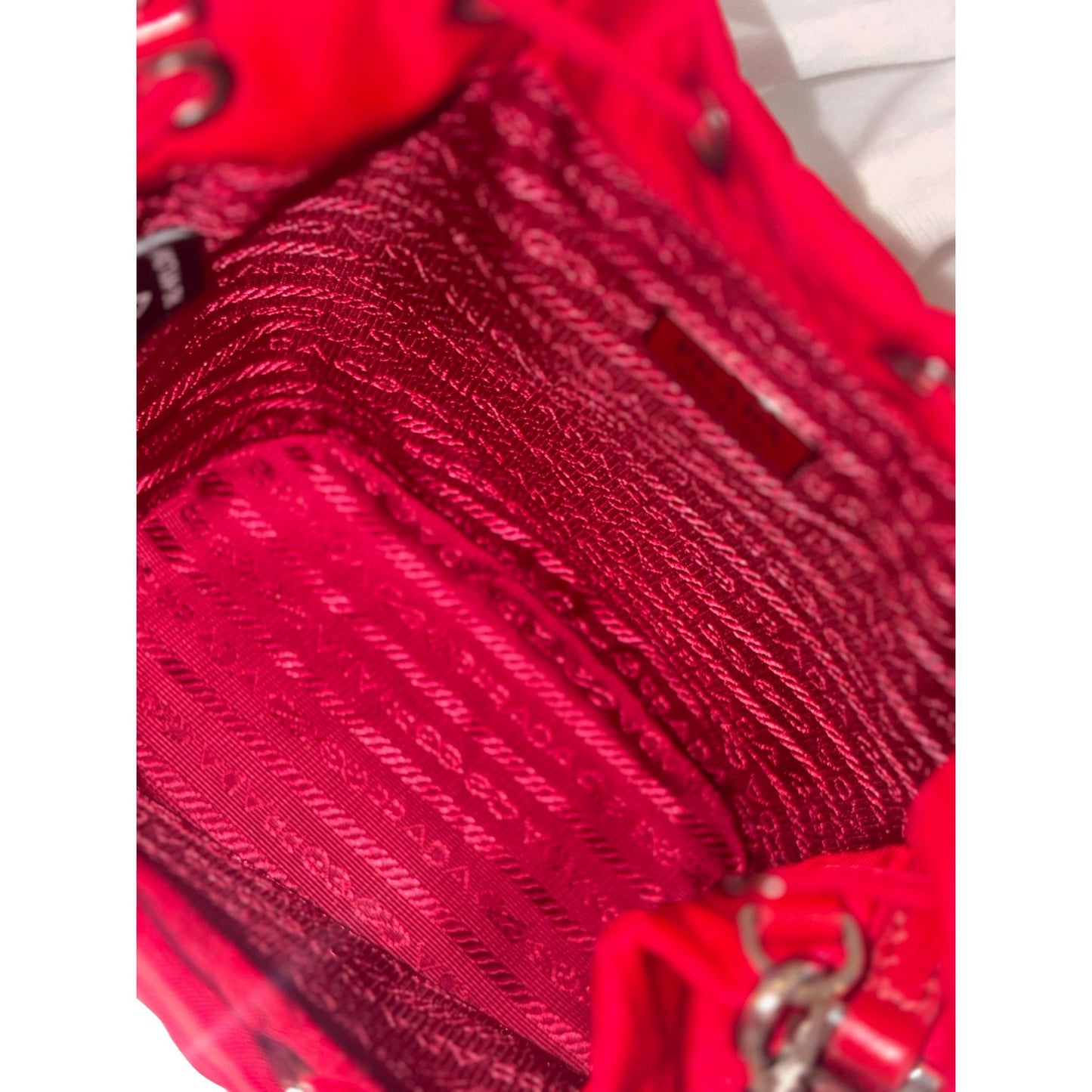 Prada Re-Nylon Rosso Red Drawstring Bucket Bag Embellished Crystal Handle