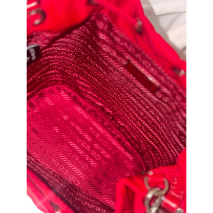 Prada Re-Nylon Rosso Red Drawstring Bucket Bag Embellished Crystal Handle