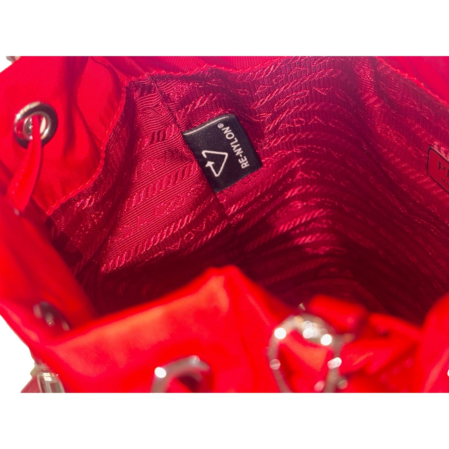 Prada Re-Nylon Rosso Red Drawstring Bucket Bag Embellished Crystal Handle