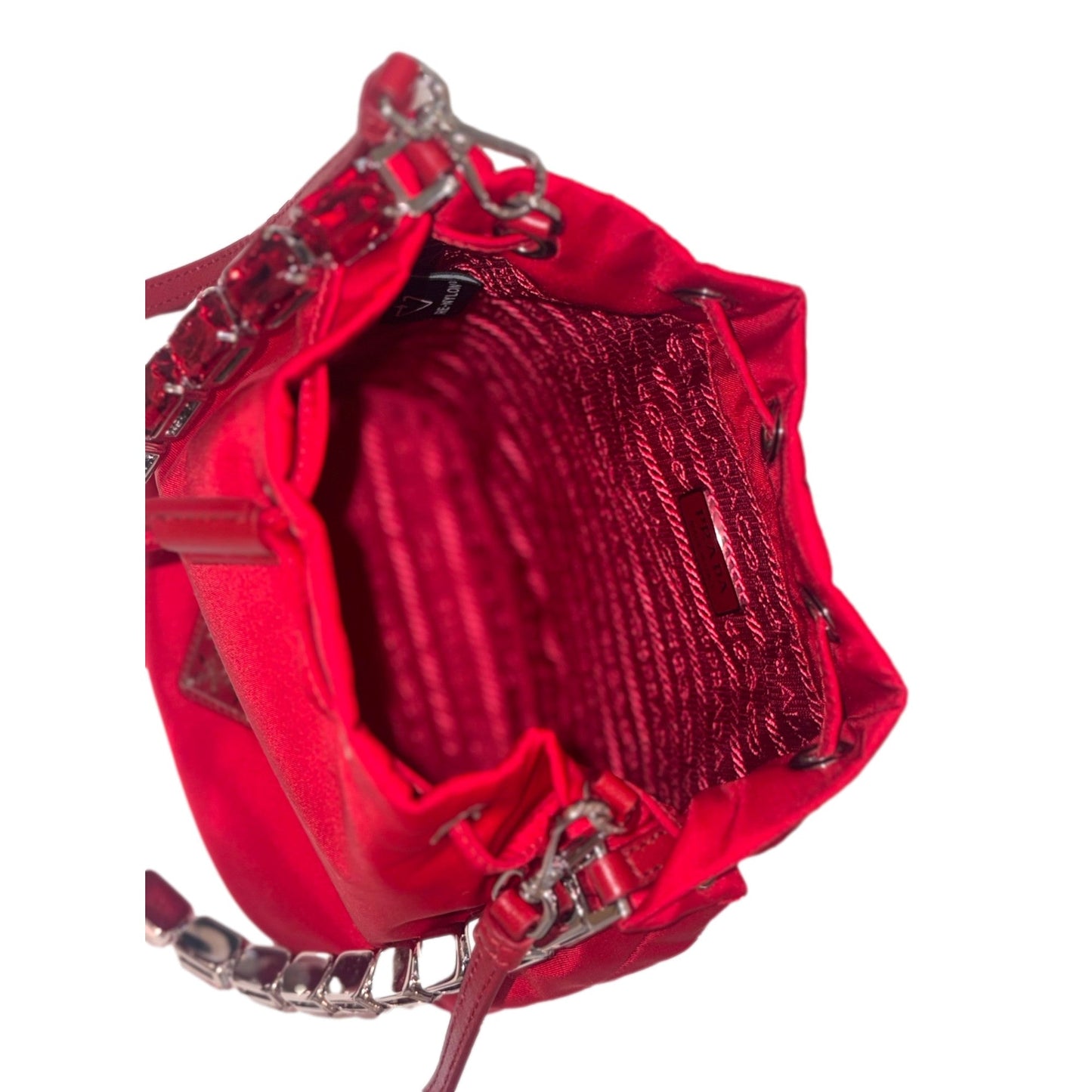Prada Re-Nylon Rosso Red Drawstring Bucket Bag Embellished Crystal Handle
