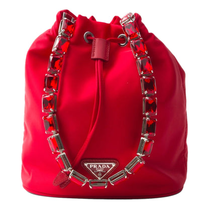 Prada Re-Nylon Rosso Red Drawstring Bucket Bag Embellished Crystal Handle