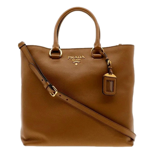 Prada Vitello Phenix Caramel Brown Shopping Tote Bag