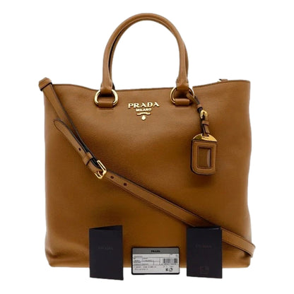 Prada Vitello Phenix Caramel Brown Shopping Tote Bag