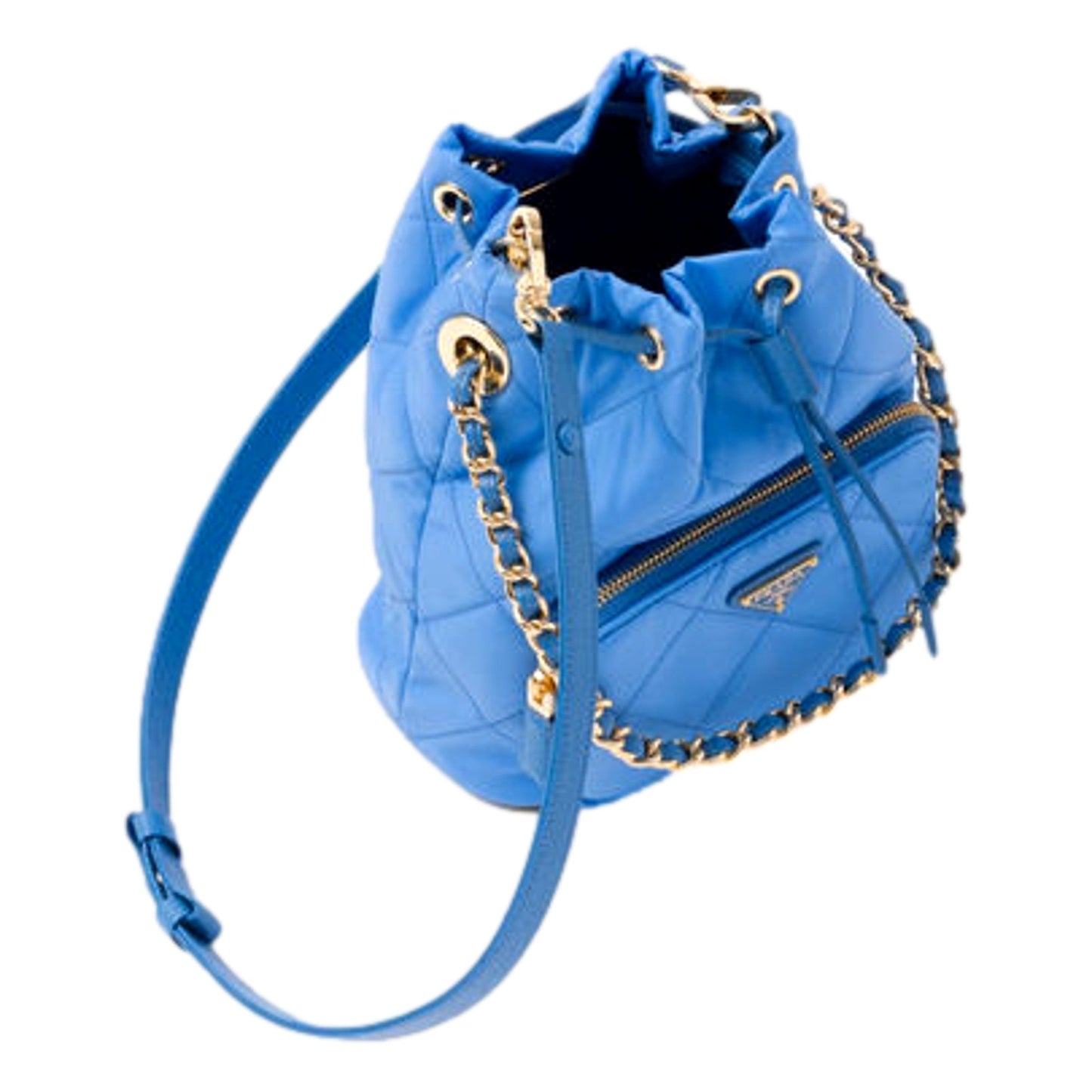 Prada Tessuto Nylon Pervinca Blue Duet Drawstring Quilted Bucket Bag