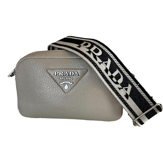 Prada Vitello Daino Leather Sabbia Beige Web Strap Camera Crossbody