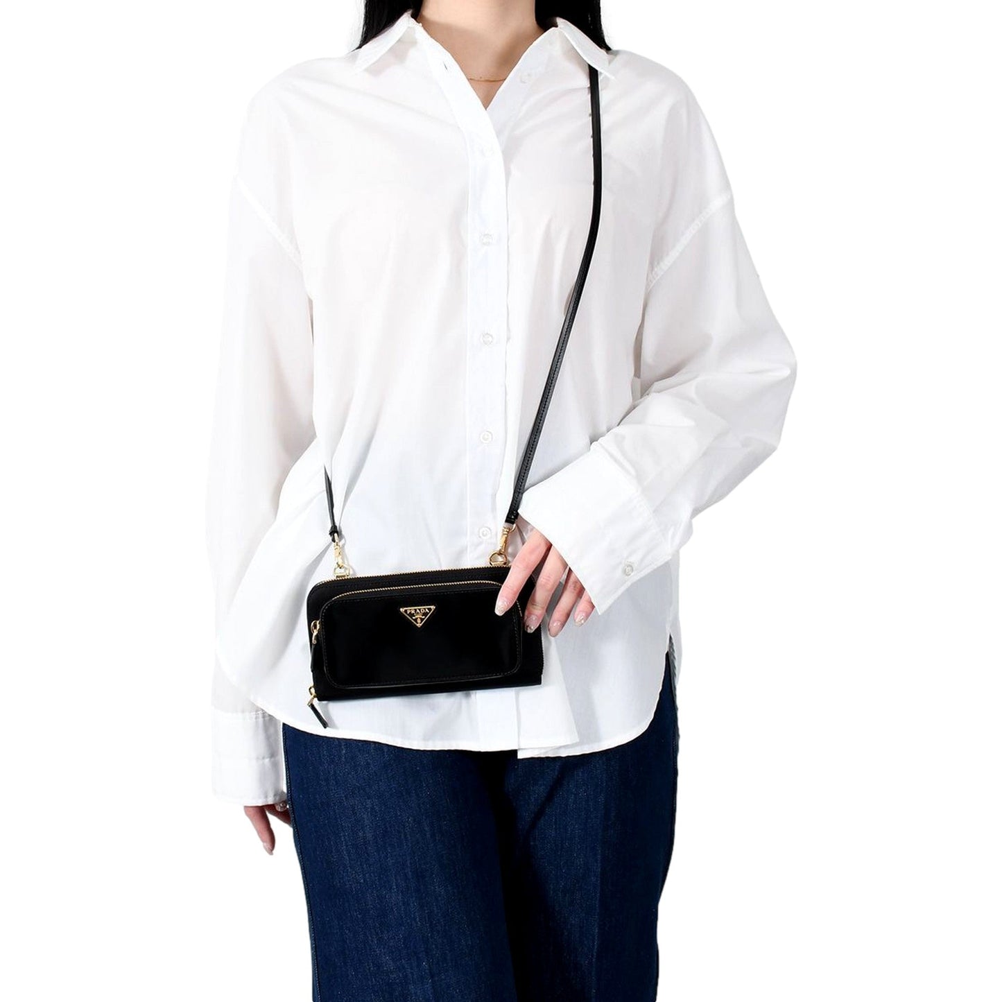 Prada Re-Nylon Triangle Brushed Leather Black Wallet Mini Crossbody Bag