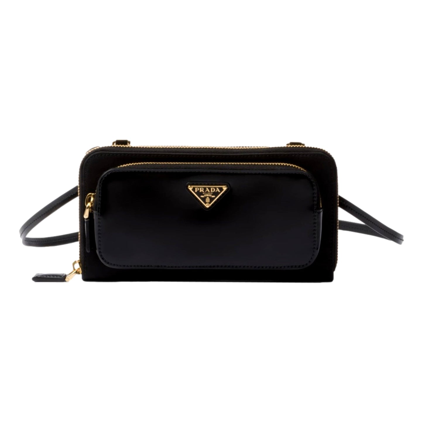Prada Re-Nylon Triangle Brushed Leather Black Wallet Mini Crossbody Bag
