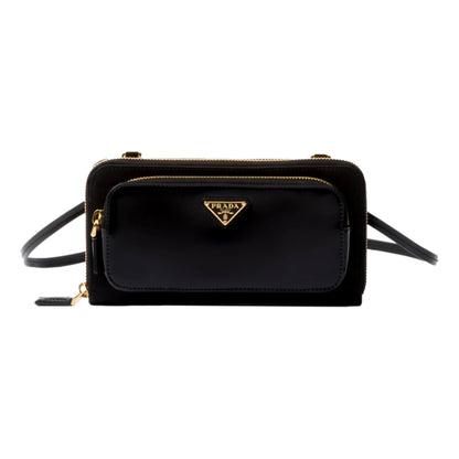 Prada Re-Nylon Triangle Brushed Leather Black Wallet Mini Crossbody Bag