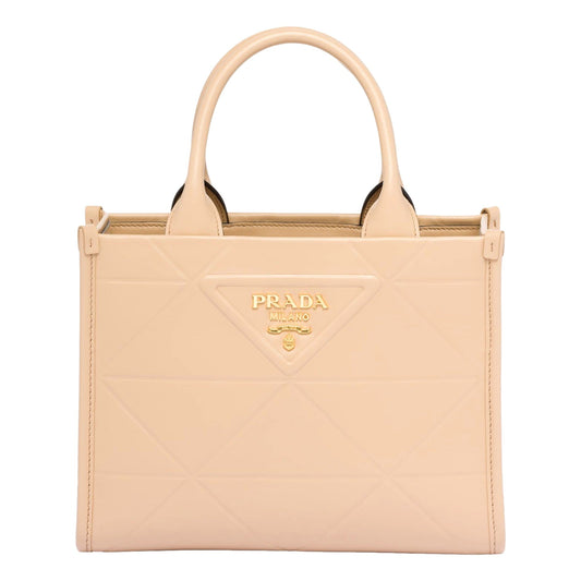 Prada Symbole Soft Calfskin Leather Sabbia Sand Triangle Quilted Mini Tote Bag