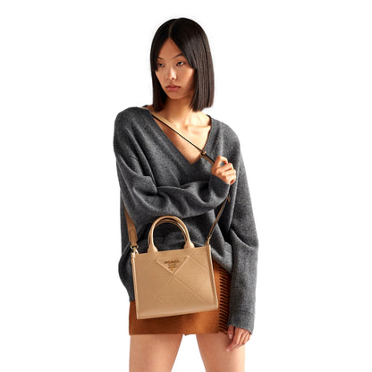 Prada Symbole Soft Calfskin Leather Sabbia Sand Triangle Quilted Mini Tote Bag