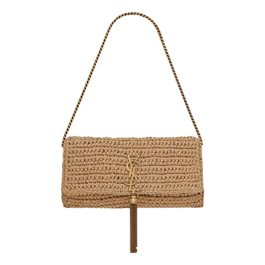 Saint Laurent Kate 99 YSL Beige Raffia Woven Crossbody with Tassel