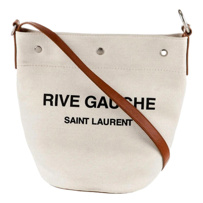 Saint Laurent Rive Gauche Brown Leather Trim Linen Bucket Bag