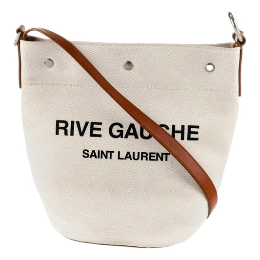 Saint Laurent Rive Gauche Brown Leather Trim Linen Bucket Bag