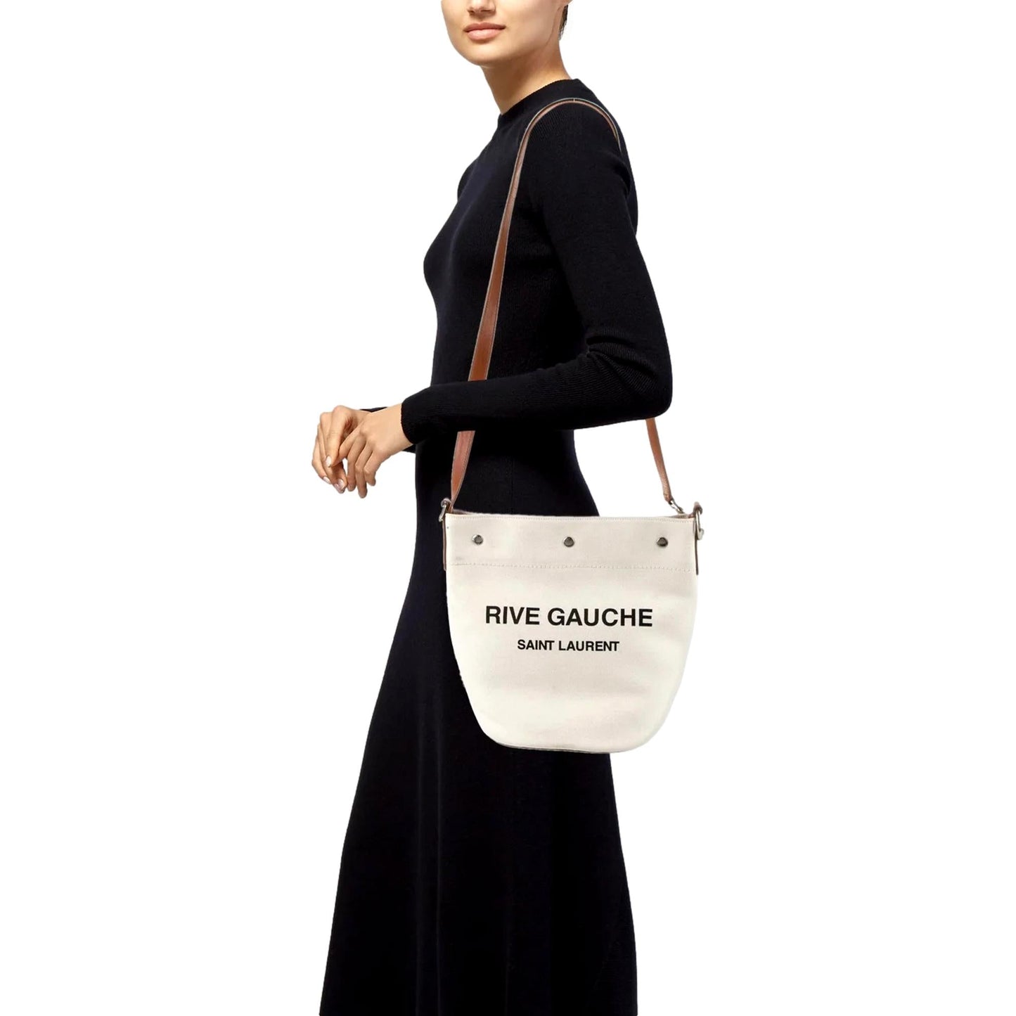 Saint Laurent Rive Gauche Brown Leather Trim Linen Bucket Bag