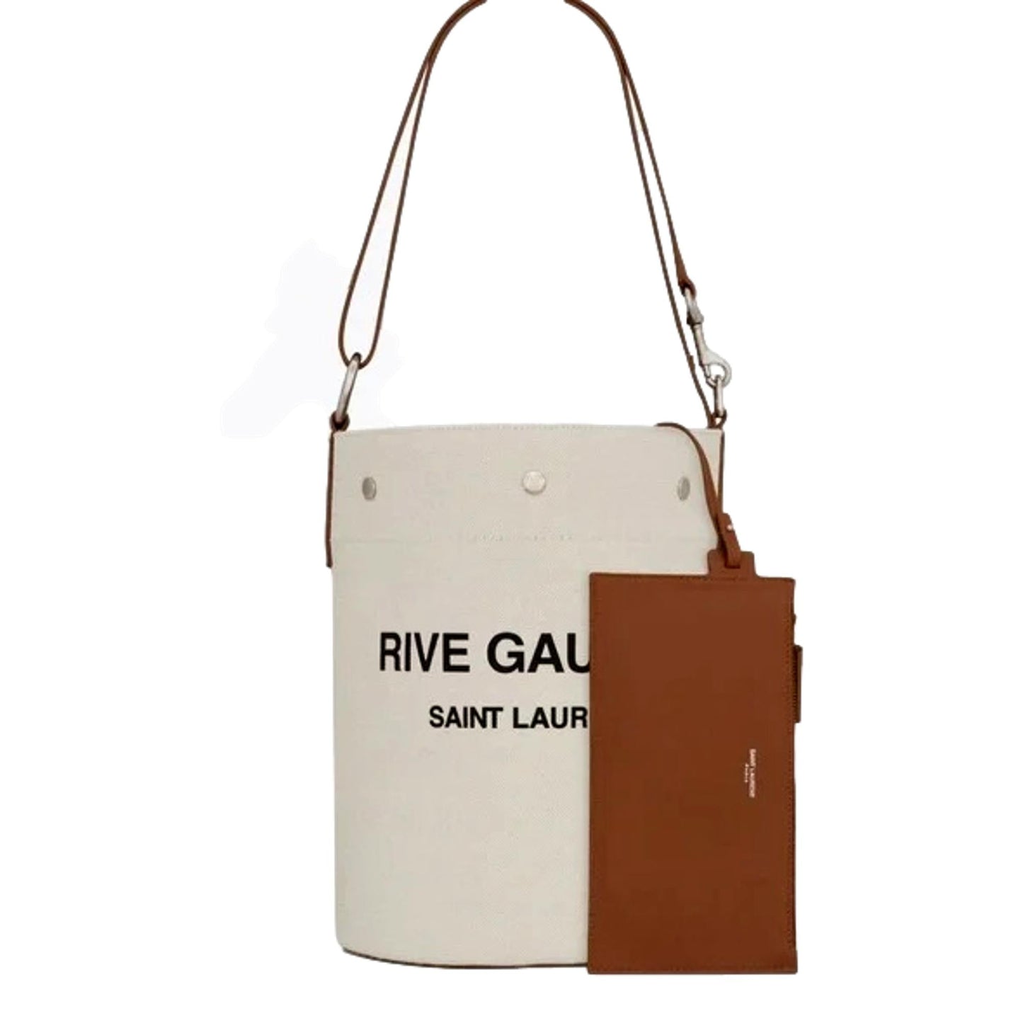 Saint Laurent Rive Gauche Brown Leather Trim Linen Bucket Bag