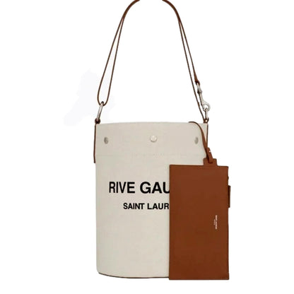 Saint Laurent Rive Gauche Brown Leather Trim Linen Bucket Bag