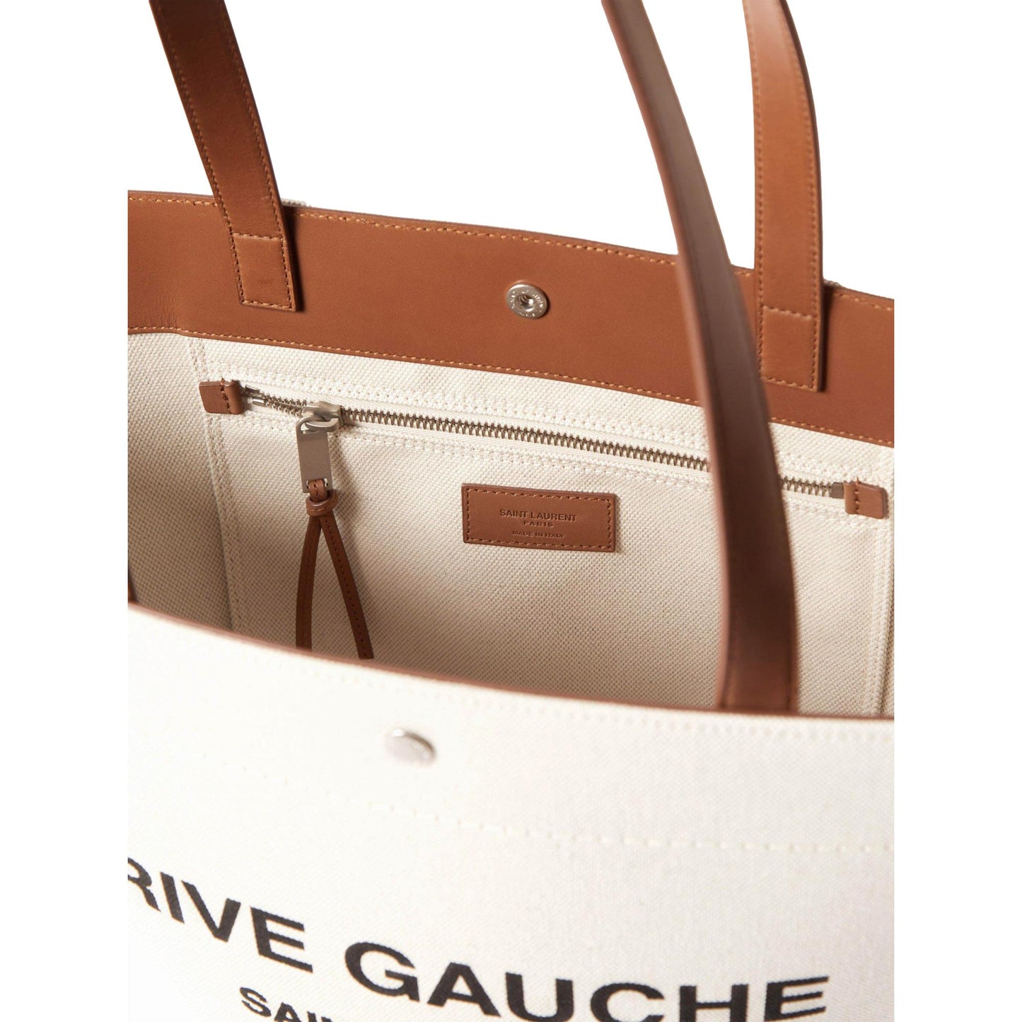 Saint Laurent Rive Gauche Brown Leather Trim Linen Bucket Bag