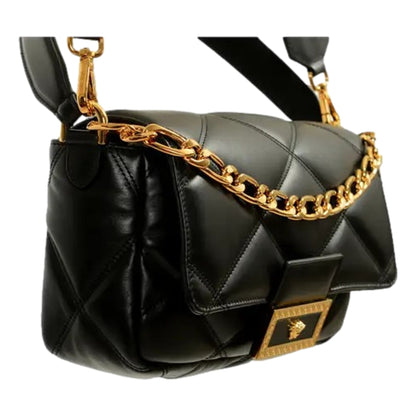 Versace La Medusa Quilted Calfskin Leather Black Crossbody Bag Gold Chain