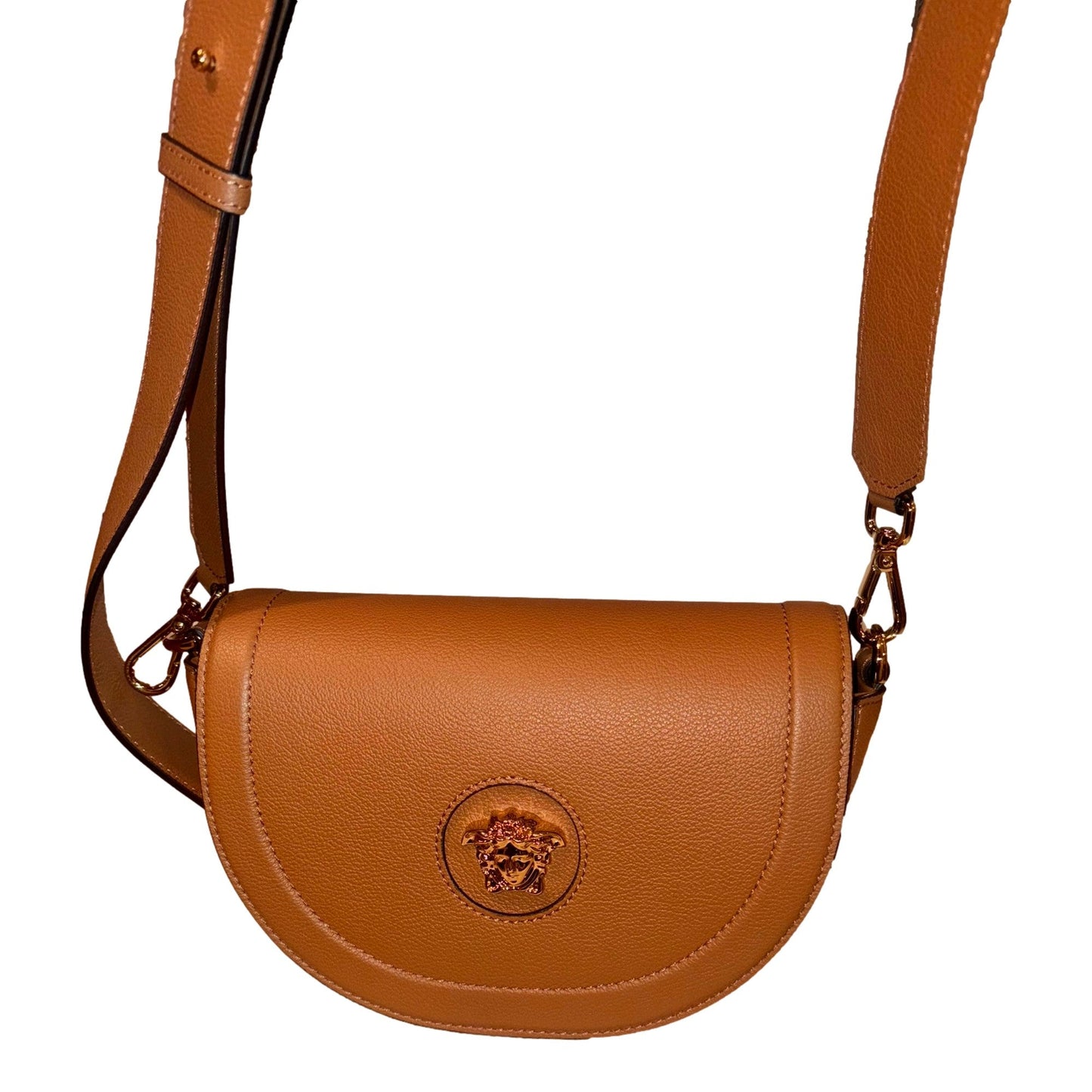 Versace Half-Moon La Medusa Vitello Leather Summer Nude Brown Crossbody Handbag