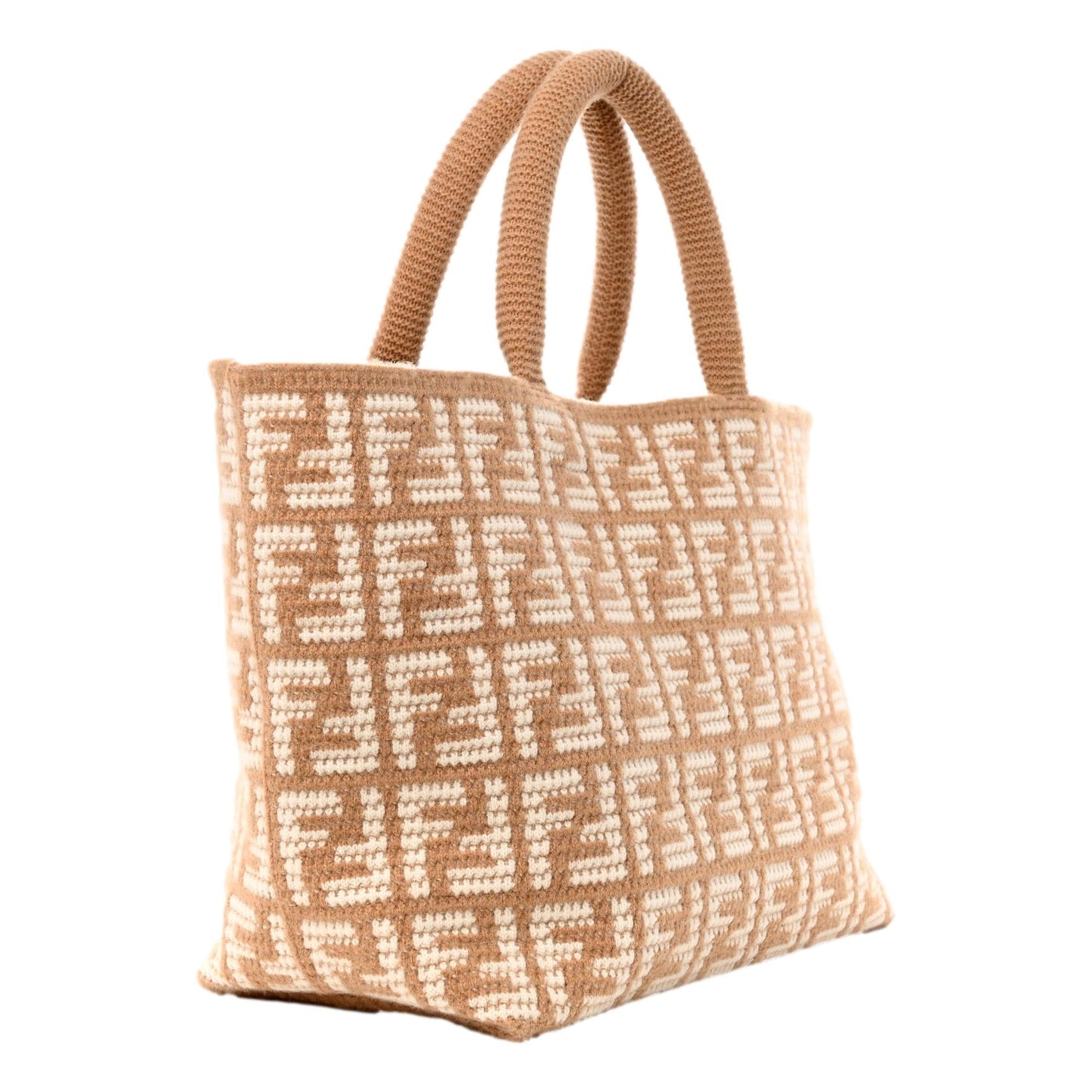 Fendi FF Cammello Beige Knitted Cashmere Large Shopper Tote Bag