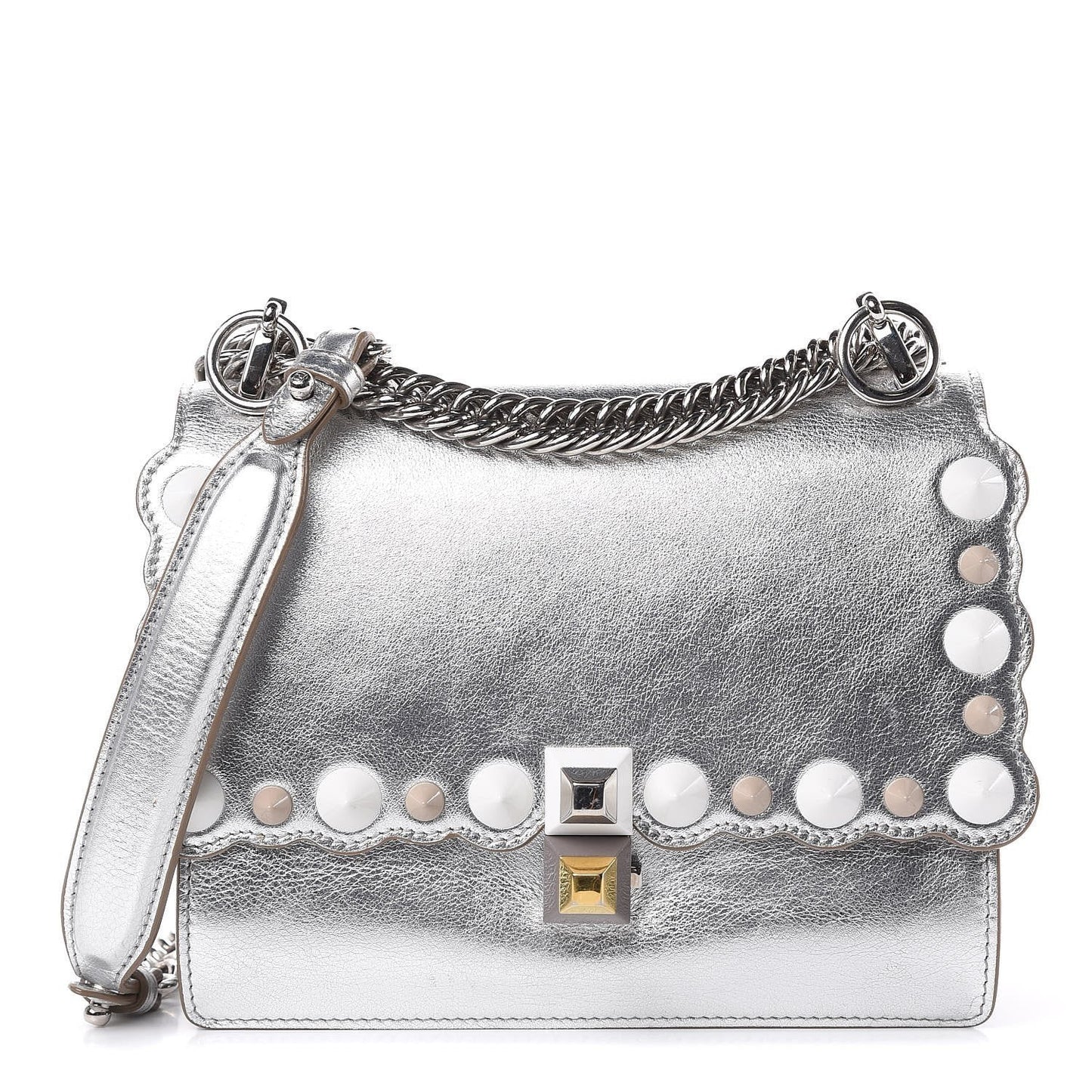 Fendi Kan I Metallic Silver Calfskin Scalloped Studded Bag