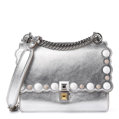 Fendi Kan I Metallic Silver Calfskin Scalloped Studded Bag