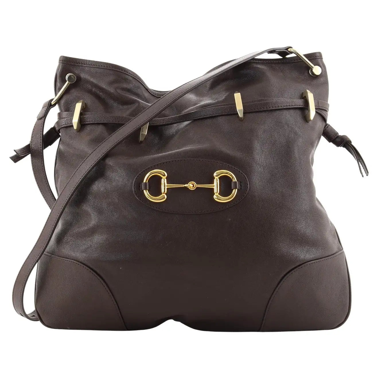 Gucci 1955 Morsetto Large Leather Horsebit Drawstring Brown Bucket Bag
