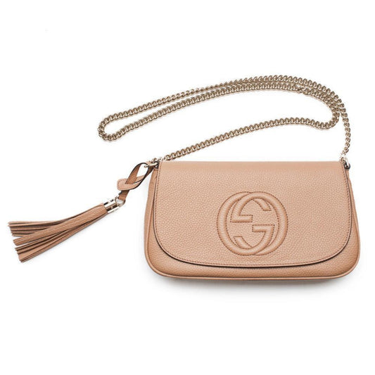 Gucci Soho Disco GG Tassel Gold Chain Crossbody Flap Bag Camelia Beige