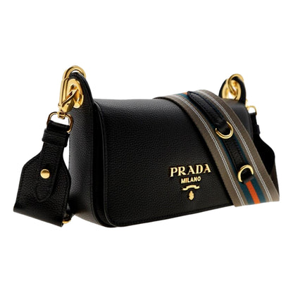 Prada Milano Black Small Leather Crossbody Bag Web Stripe Strap