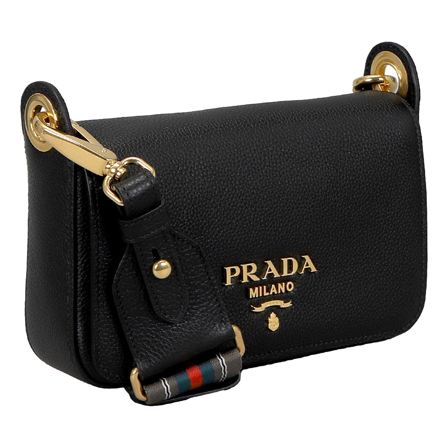 Prada Milano Black Small Leather Crossbody Bag Web Stripe Strap