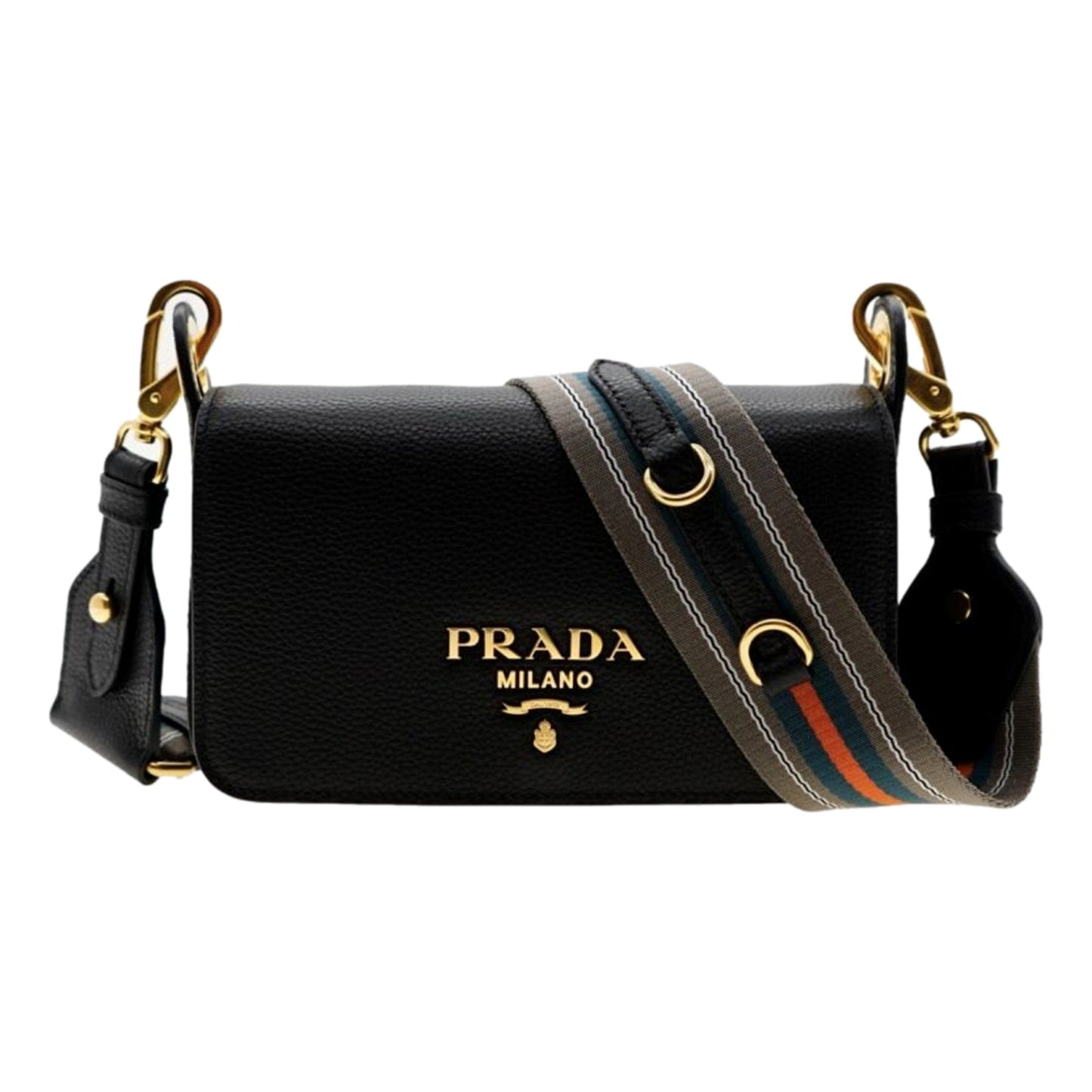 Prada Milano Black Small Leather Crossbody Bag Web Stripe Strap